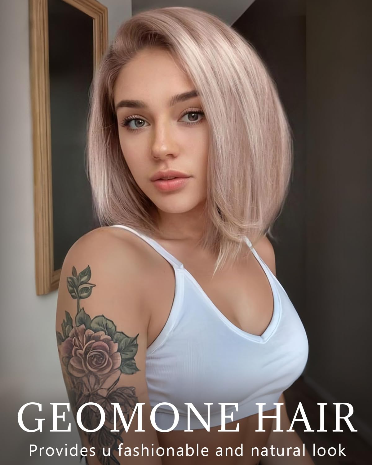 Geomone 16 Inch Ash Blonde Bob Wig Human Hair 13x4 Straight Transparent Lace Frontal Wigs 180 Density Colored Bob Wig Pre Plucke