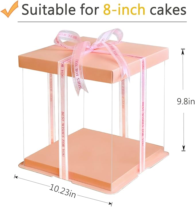 XININSUN Clear cake Box,10" X 10" X 9" with ribbon and pre-folded lid, for 8" cake carrier, baking cookie display, Carry Tall Layer Gift, Festive Gift Box -Pink