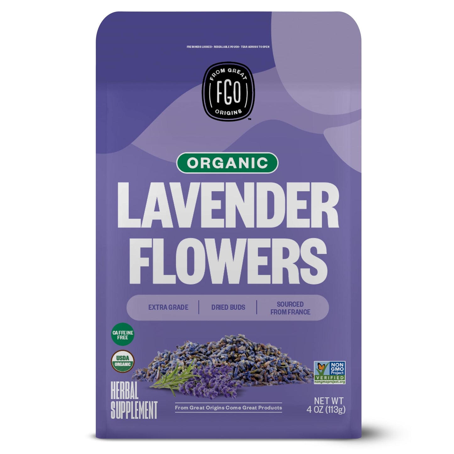 FGO Organic Dried Lavender Flowers, Extra Grade Dried Buds, Imported From France for Culinary or Sachet Bags, 4oz, Packaging May