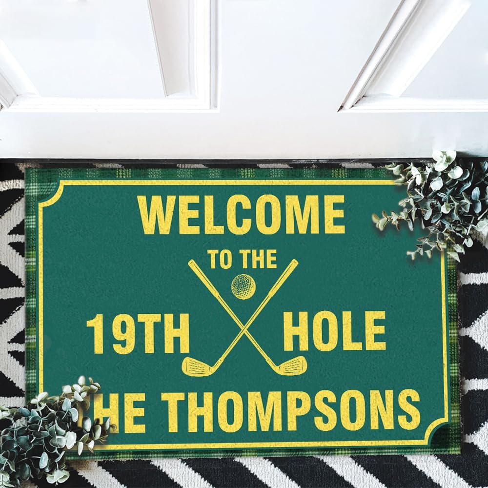 Welcome to The 19th Hole Personalized Golf Doormat – Custom Family Name Mat with Golf Clubs & Green Turf Design – Funny Non Slip Outdoor Entry Rug for Porch, Man Cave, or Home Bar Décor