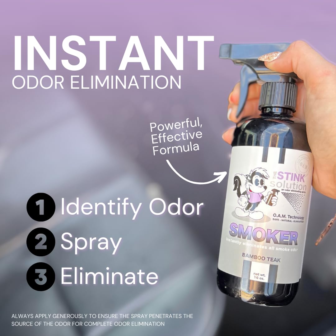 The Stink Solution Smoke Odor Eliminator Spray - Completely Remove Smoke Smell From House, Car, Clothes, Hands, Hair, & More - Best Odor Eliminator For Smoke - Bamboo Teak Fragrance - 2 16 oz Bottles