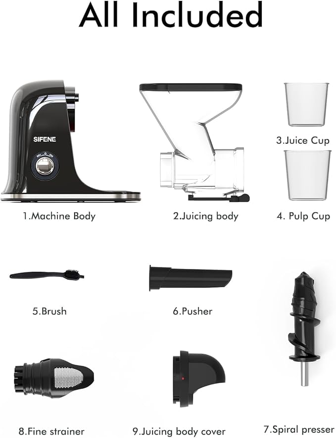 SIFENE Compact Single Auger Slow Masticating Juicer Machine, 280ml Cold Press Juice Extractor for Celery, Carrot, Ginger, Fruits & Leafy Greens, Easy to Clean, Dual Feed Chute, BPA-Free, Quiet Operati
