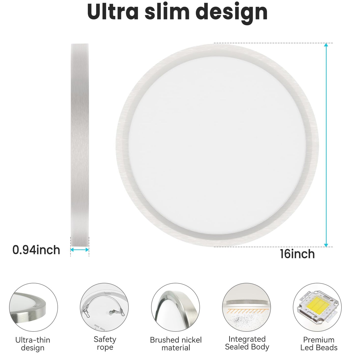 libtit 16Inch LED Ceiling Light Fixture, 3000K/4000K/6500K, Brushed Nickel, 36W, 3600lm, 4 Pack
