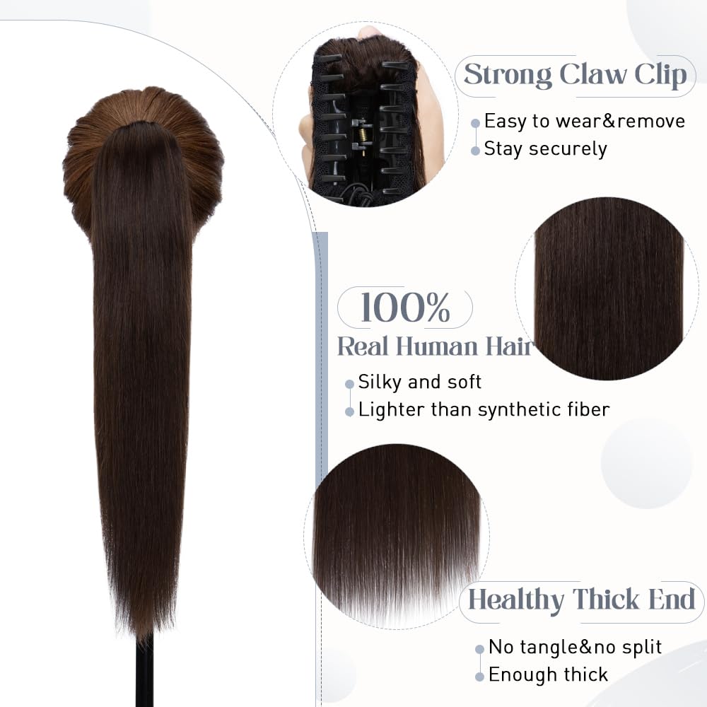 Rich Choices Claw Clip Ponytail Extension Human Hair Real Hair Ponytail Extension Balayage Dark Brown 16 Inch 105g One Piece Cli