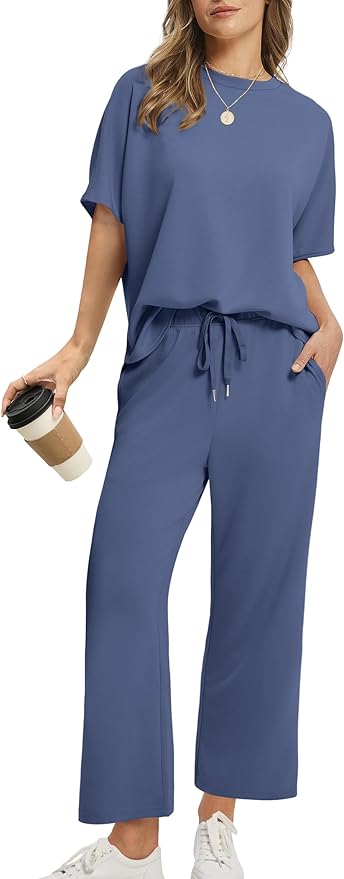 Sampeel Two Piece Sets for Women Summer Outfits Oversized Wide Leg Crop Pants Lounge Sets Airport Beach Vacation Clothes