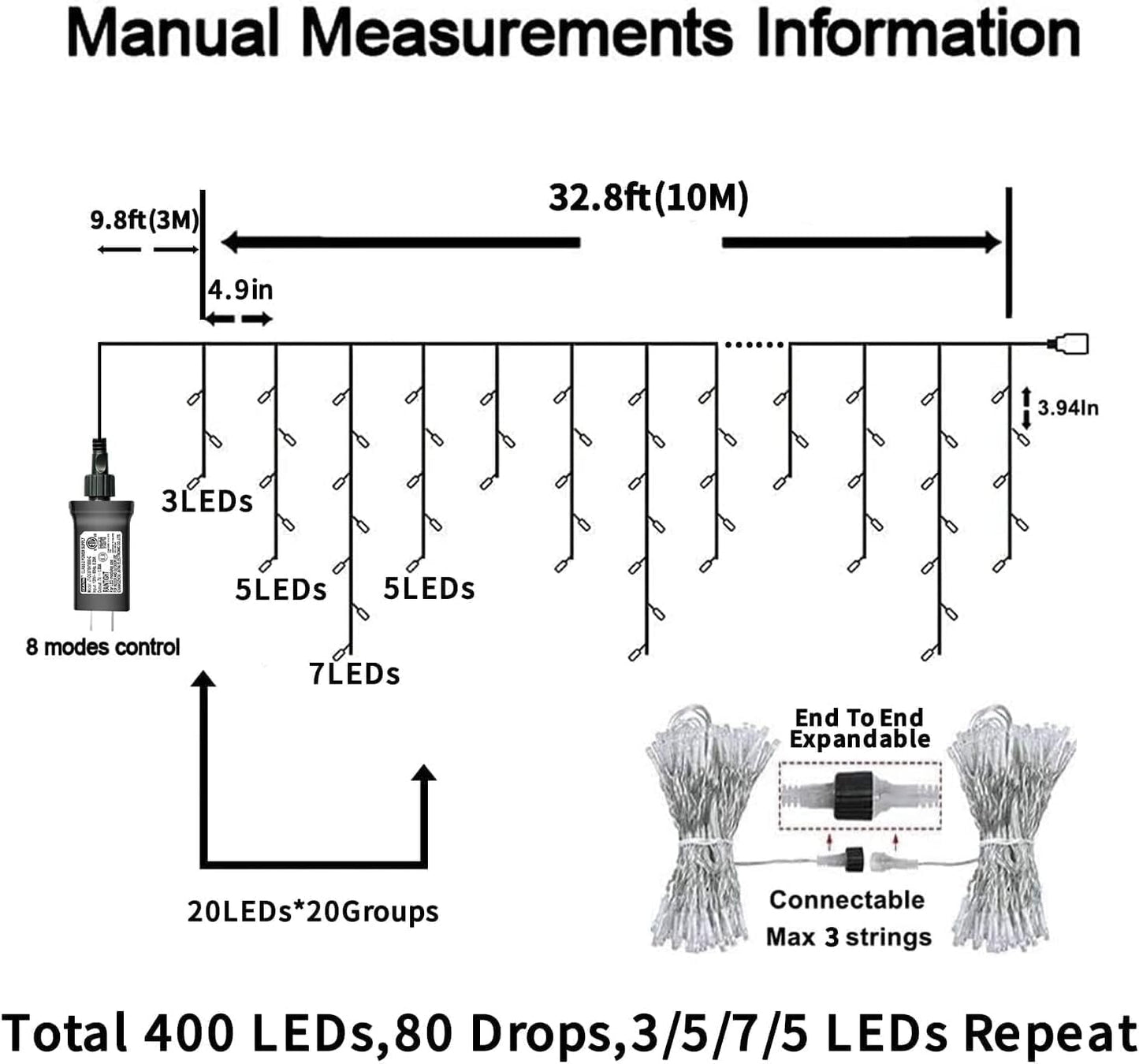 YEGUO Icicle String Lights 33ft 400 LED Red and Green Waterproof 8 Modes with Memory Timer