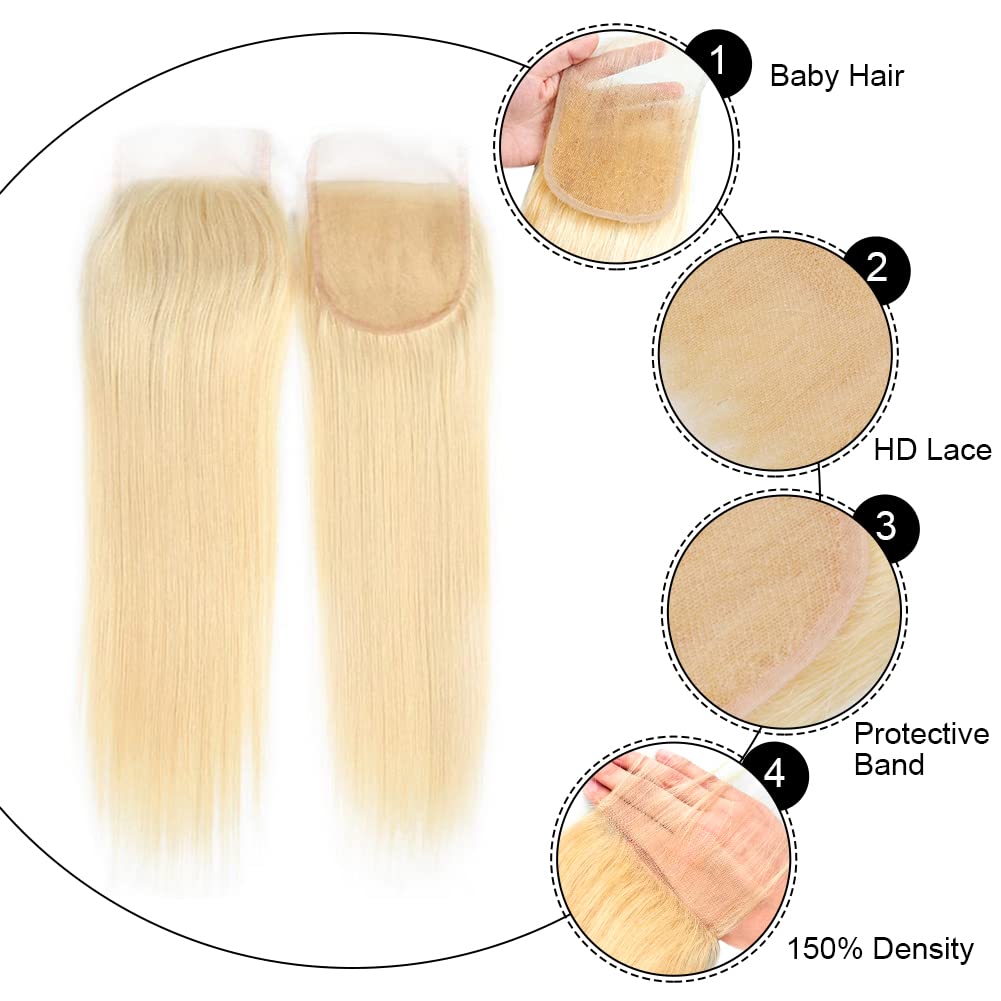 613 Closure Straight 4x4 Transparent HD Lace Closure Blonde Closure 12A Brazilian Virgin Remy Human Hair Extension 100% Russian