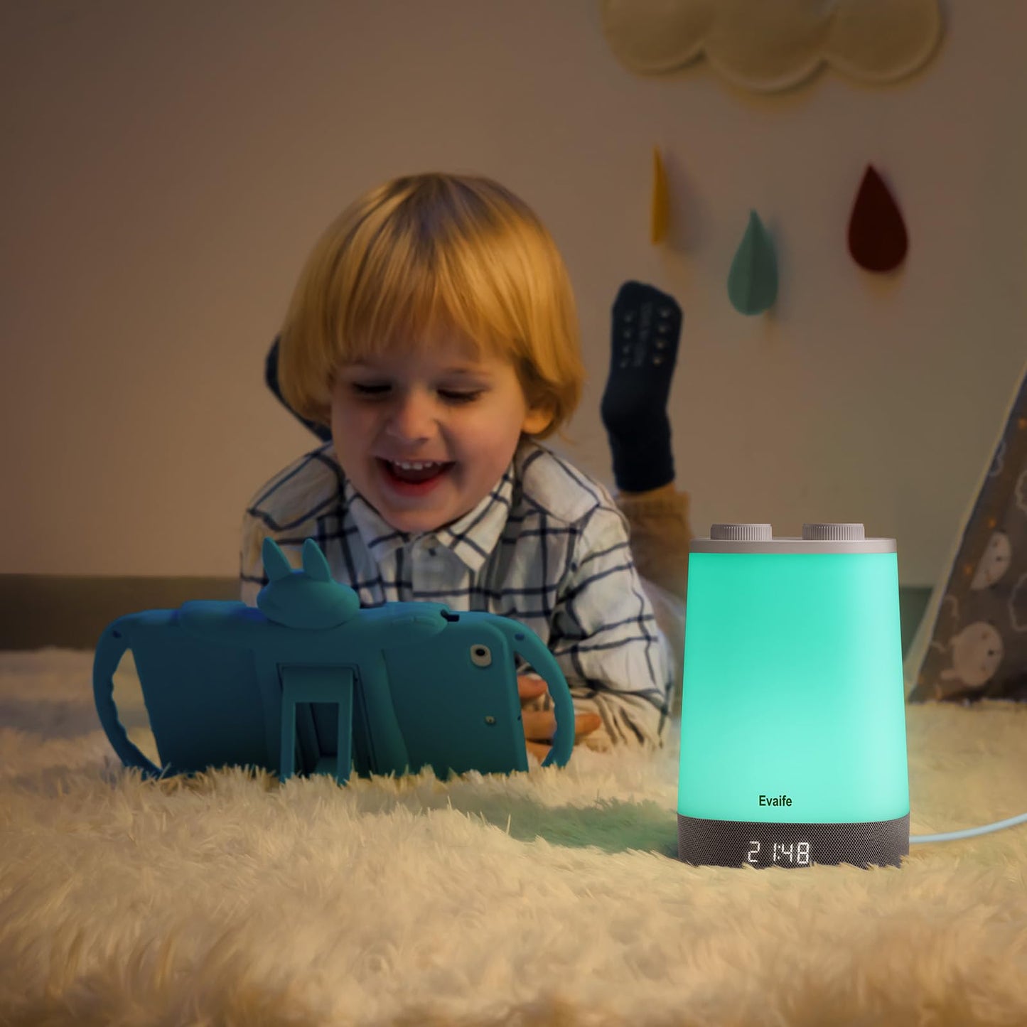 Evaife Baby Sound Machine, Nursery Night Light for Kids, Alarm Clock, White Noise Machine for Sleeping, OK to Wake Clock for Toddlers, APP Control, Fan Rain Wave, Sleep Trainer