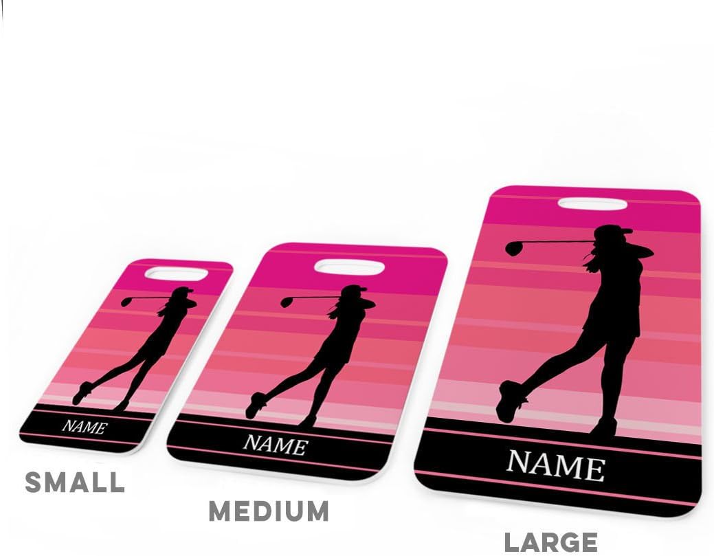 ChalkTalkSPORTS Golf Luggage & Bag Tag | Personalized Female Golfer | Standard Lines on Back | Large | Pink