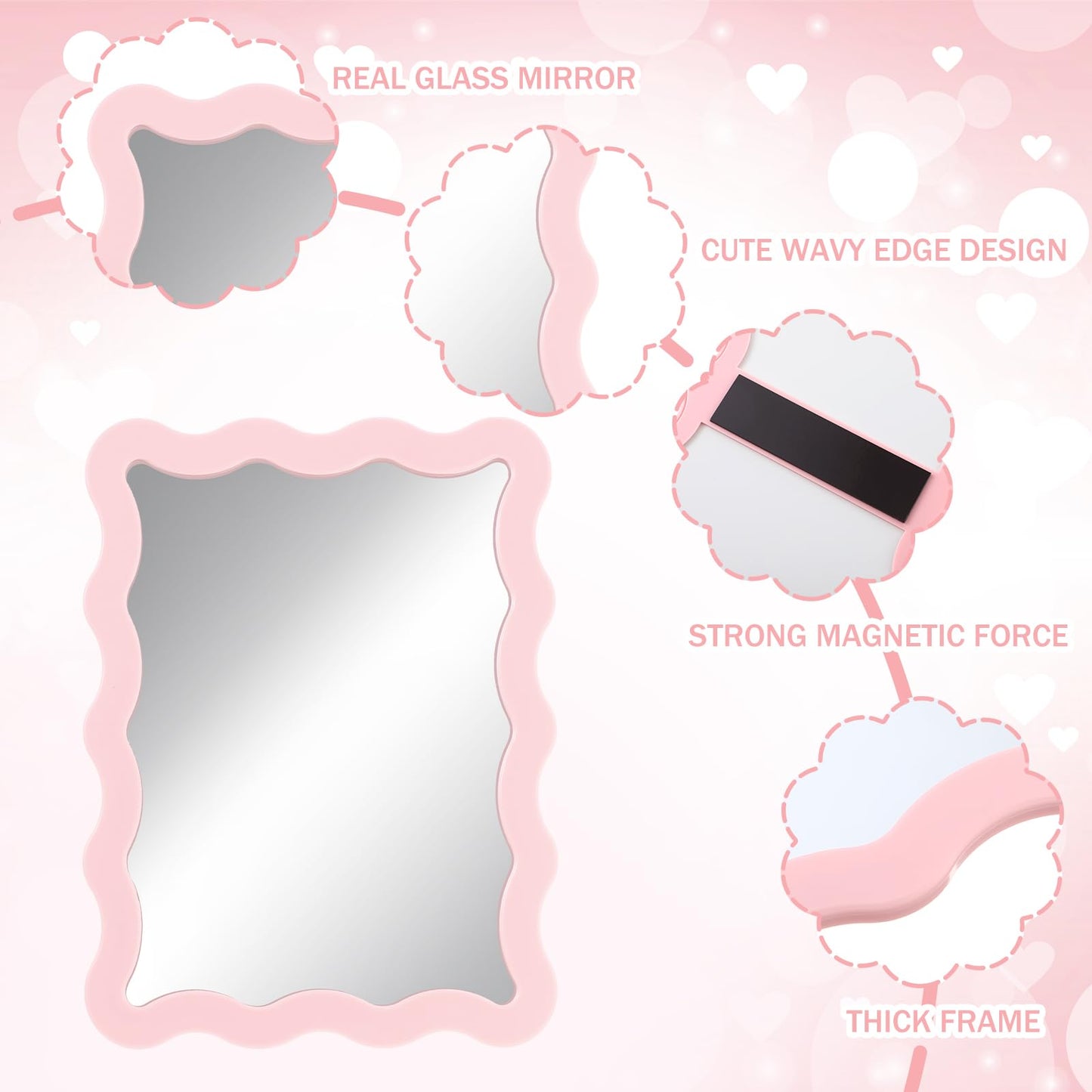 Leinuosen Scalloped Magnetic Locker Mirror 5''x7'' Small Real Glass Makeup Mirror with Magnetic Backing Cute Locker Decorations