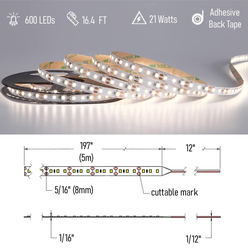 Obeaming Rv Flexible Led Strip Light 12V Dimmable Tape Light 16.4 Ft 600 Leds Width 5/16?For Camper Van Motorhome Truck Trailer Interior Lighting  2000 Lumen Cri 90+ Indoor Only (4000K)