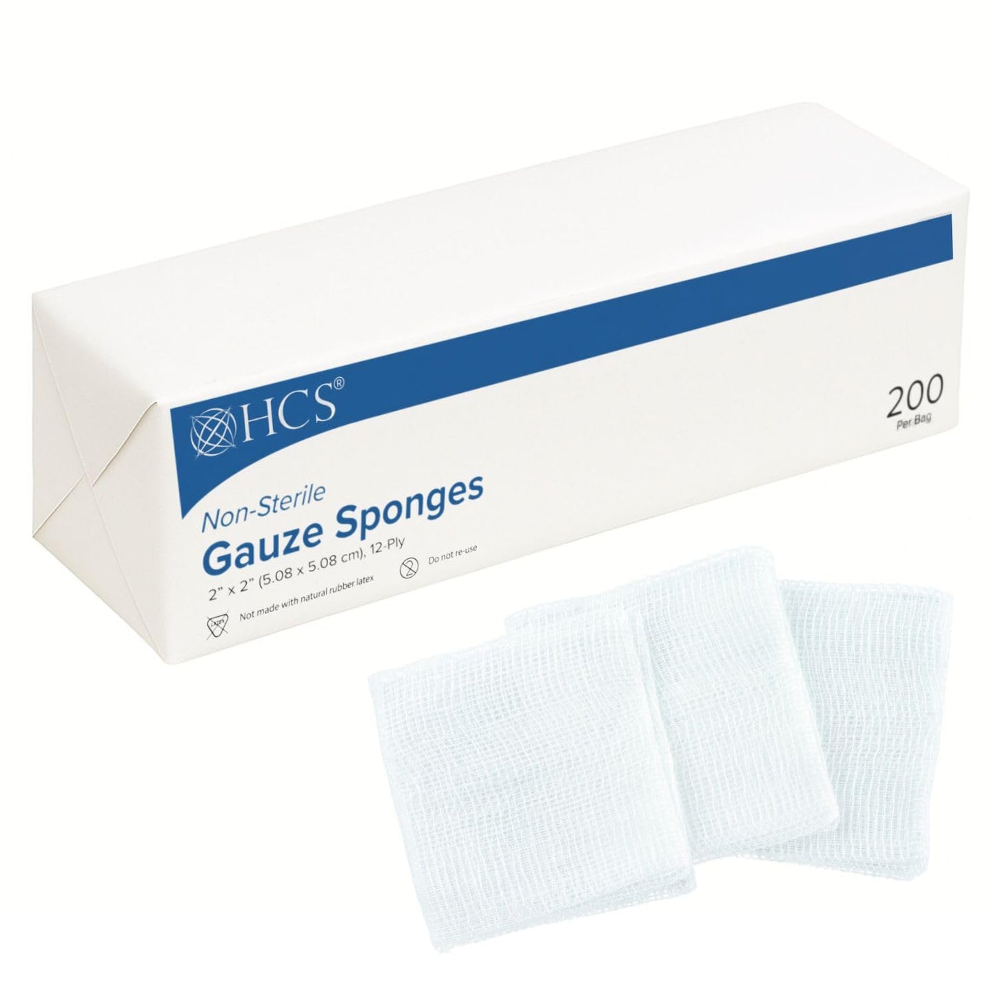 HCS Woven Gauze Sponges 2x2 - Non-Sterile, 12-Ply (200-Count) - 100% Cotton, Absorbent, Low-Linting Squares - 2x2 Gauze Pads - Medical Supplies, Wound Care, First Aid, Surgical Use, Dental