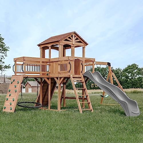 Backyard Discovery Sterling Point Cedar Wood Swing Set with Wave Slide, Raised Clubhouse, Wooden Bridge, Rock Wall, Belt S...