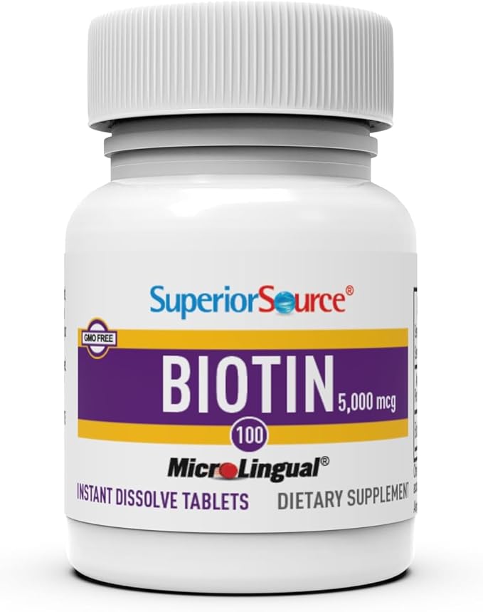 Superior Source Biotin 5000 mcg. Under The Tongue Quick Dissolve MicroLingual Tablets, 100 Count, Supports Healthy Hair, Skin, and Nail Growth, Helps Support Energy Metabolism, Non-GMO
