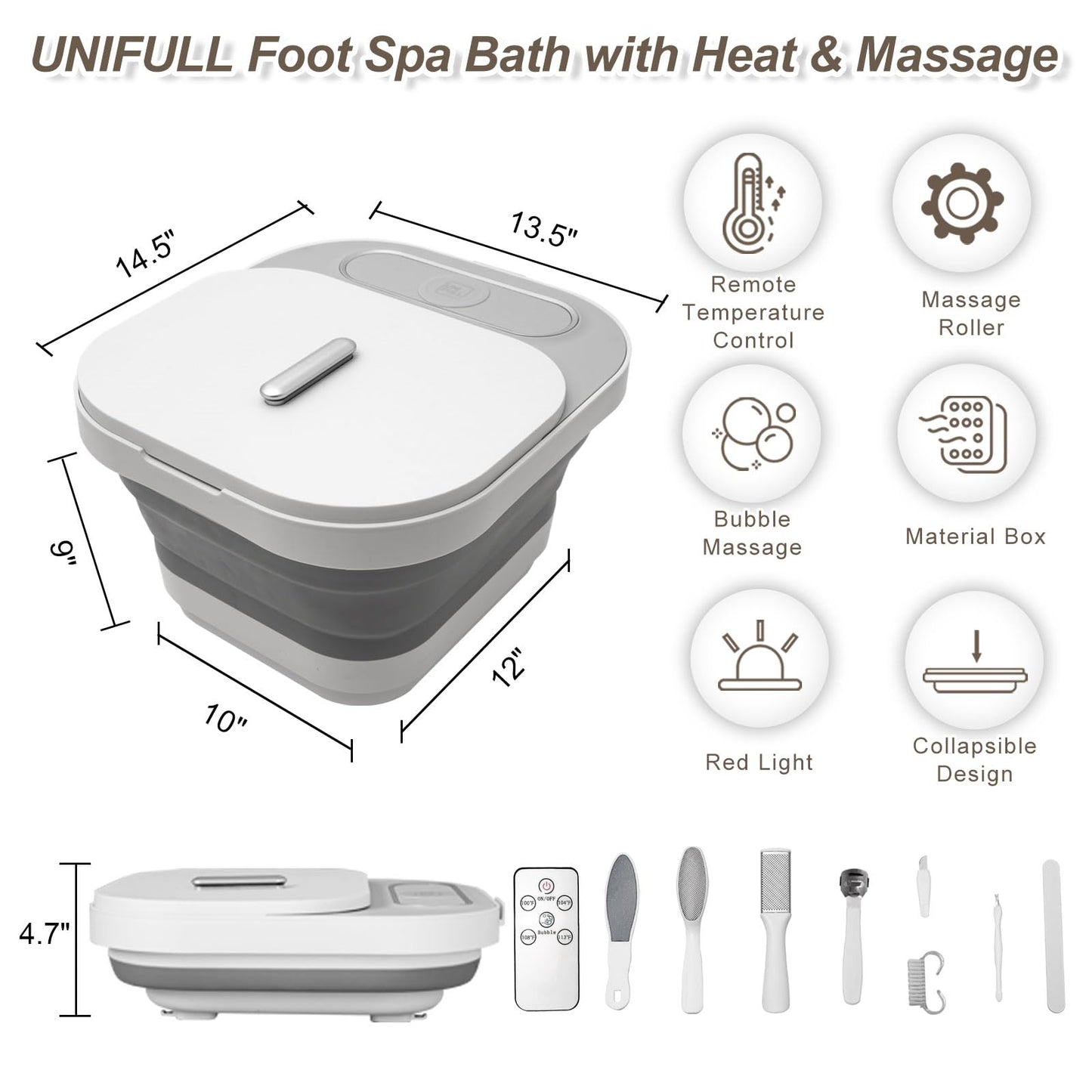 UNIFULL Collapsible Foot Spa Bath with Heat and Massage Rollers, Bubble, Foot Pedicure Kit, Temperature Control, Red Light, Pedi