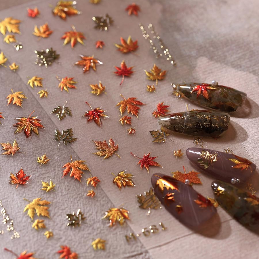 5D Embossed Autumn Maple Leaves Nail Art Stickers Glitter Gold Jelly Maple Leaf for Nail Stickers Thanksgiving Day Fall Gold Lea