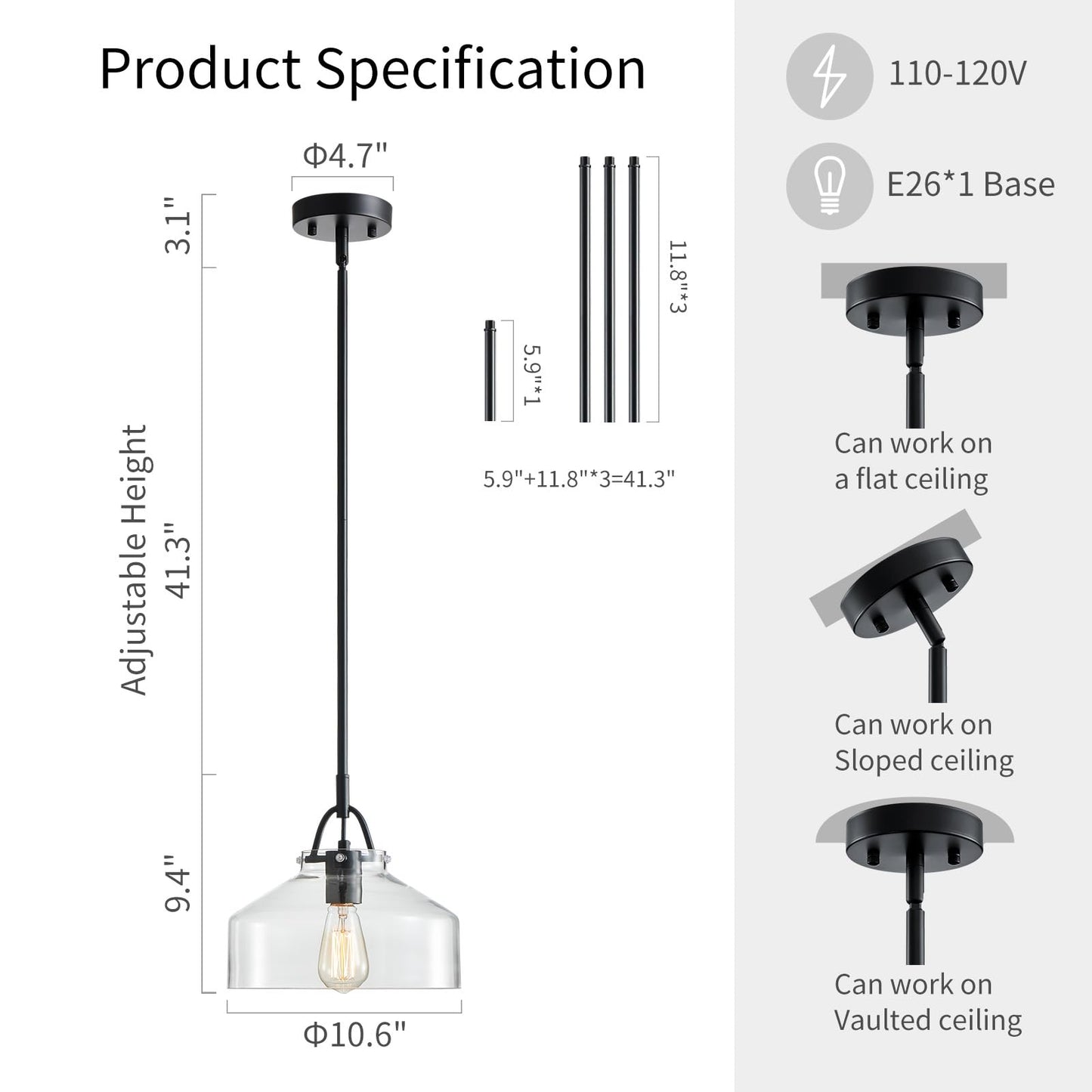 Wuzups Rustic Industrial Chandelier Pendant Light Fixture, Black Metal, 9.4H X 10.6W, E26 Base, Clear Glass Shades For Dining Room, Kitchen, Foyer