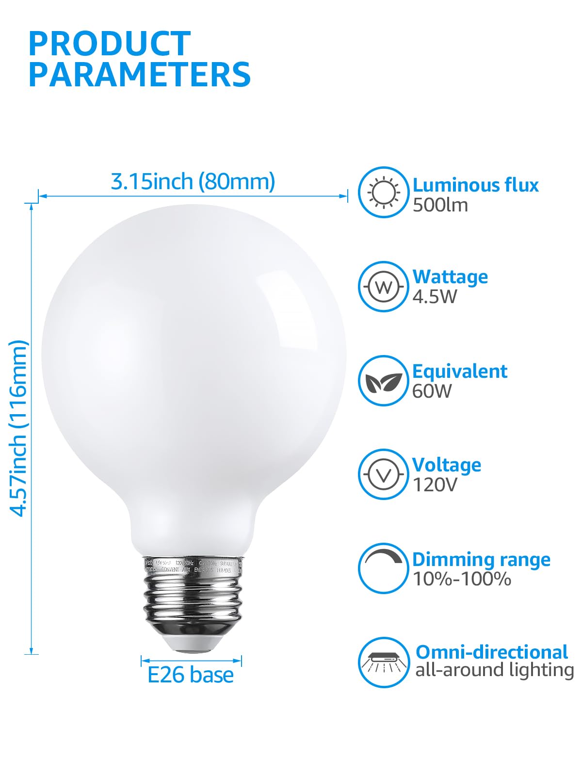 TORCHSTAR G25 Globe Light Bulbs LED Dimmable 4.5W, 500lm, E26 Base, Cool White 4000K, 12-Pack, Round Frosted