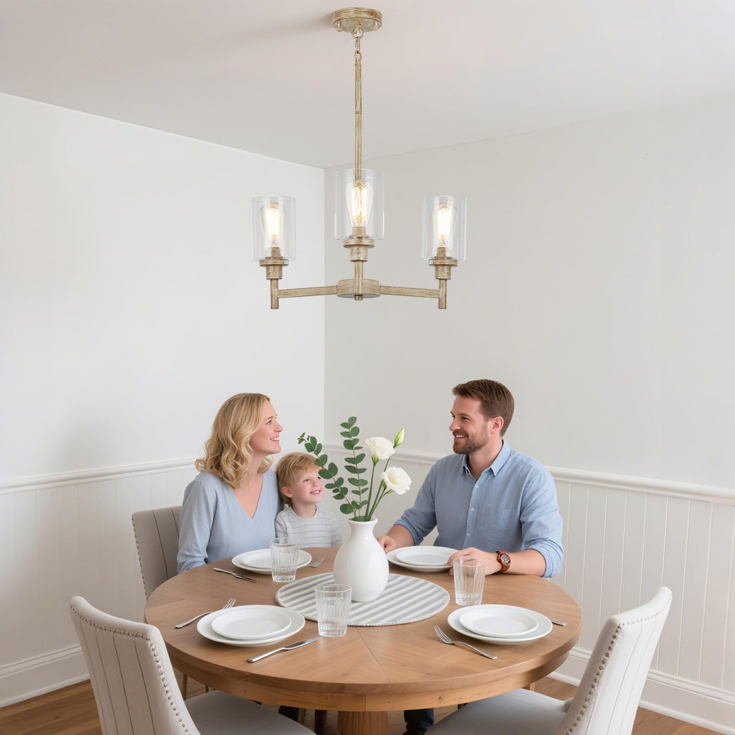 3 Light Farmhouse Chandelier | Rustic Chandeliers For Dining Room Light Fixtures |   Wood Hanging Lighting With Clear Glass Cover For Kitchen Island | Entryway | Bathroom | Corridor | Hallway