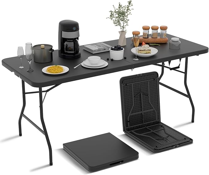 6ft Folding Table - Heavy Duty Portable 6 Foot Plastic Table with Fold-in-Half Design & Carry Handle, Indoor Outdoor Utili...