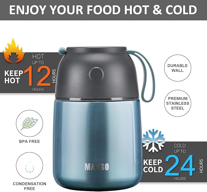 Itslife Insulated Thermo Food Jar for Hot & Cold Food for Kids Adult, 17 oz Soup Thermal Hot Food Containers for Lunch, Triple Layer Insulation Stainless Steel Food Jar with Spoon (Lightblue)