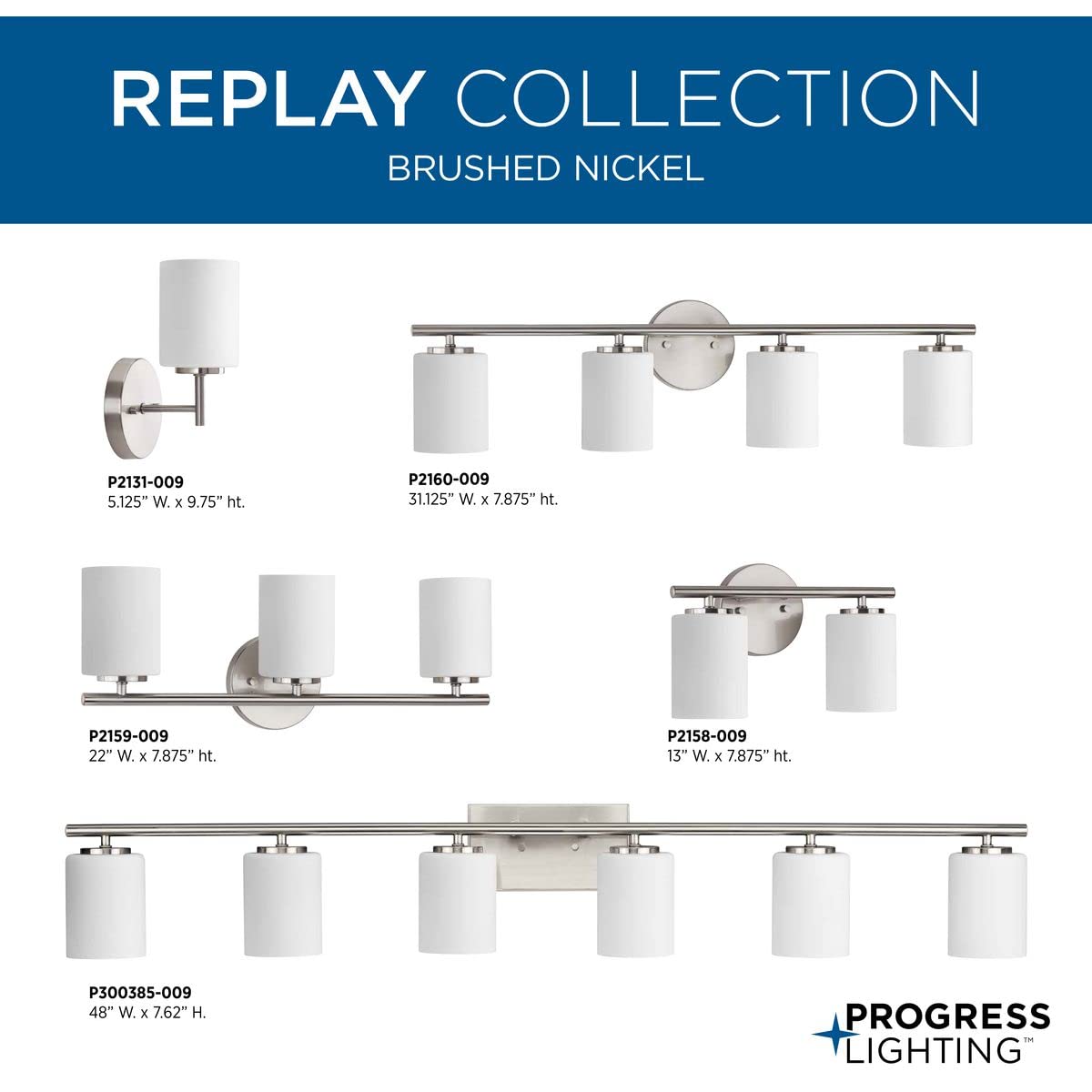 Progress Lighting 2-Light Modern Bath Vanity Light, Etched White Glass, Brushed Nickel, Model P2158-09