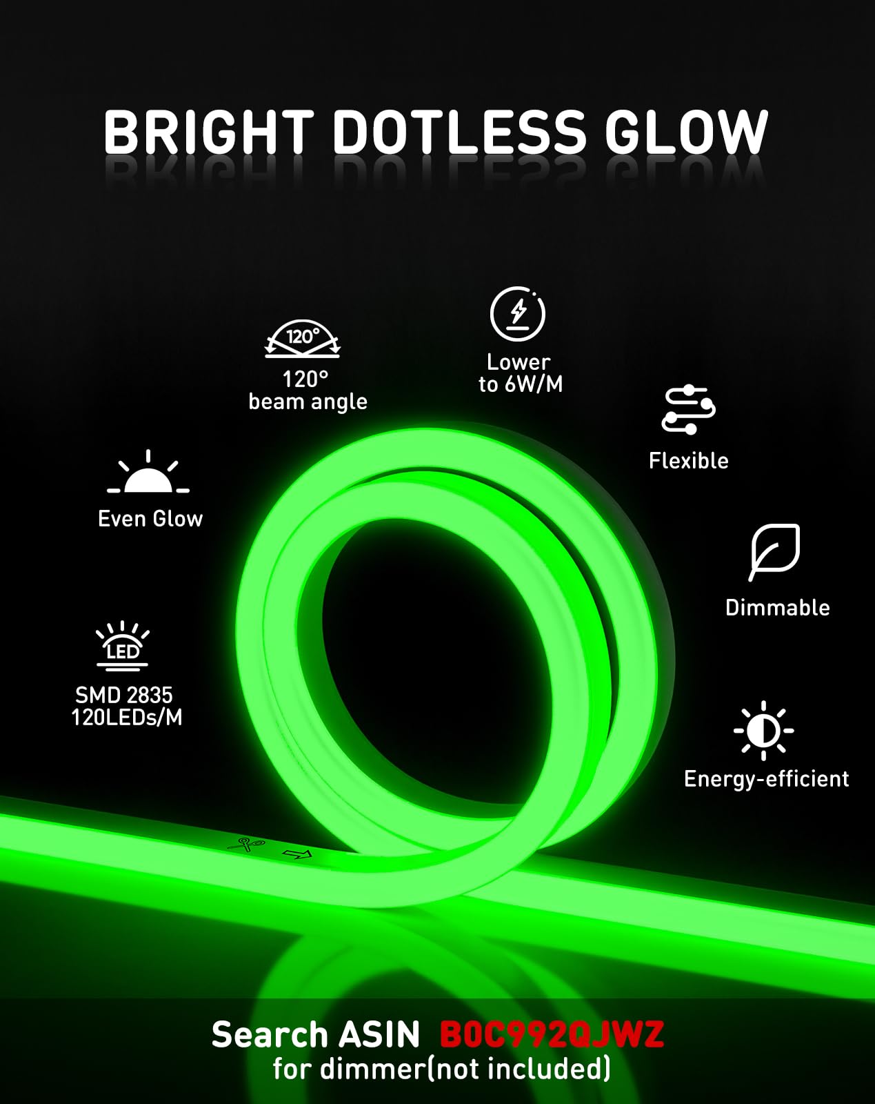 Shine Decor LED Neon Rope Lights, 50FT Flexible Outdoor Waterproof, Green, 120LEDs/M, PVC, Plug&Play, for Home & Commercial Use