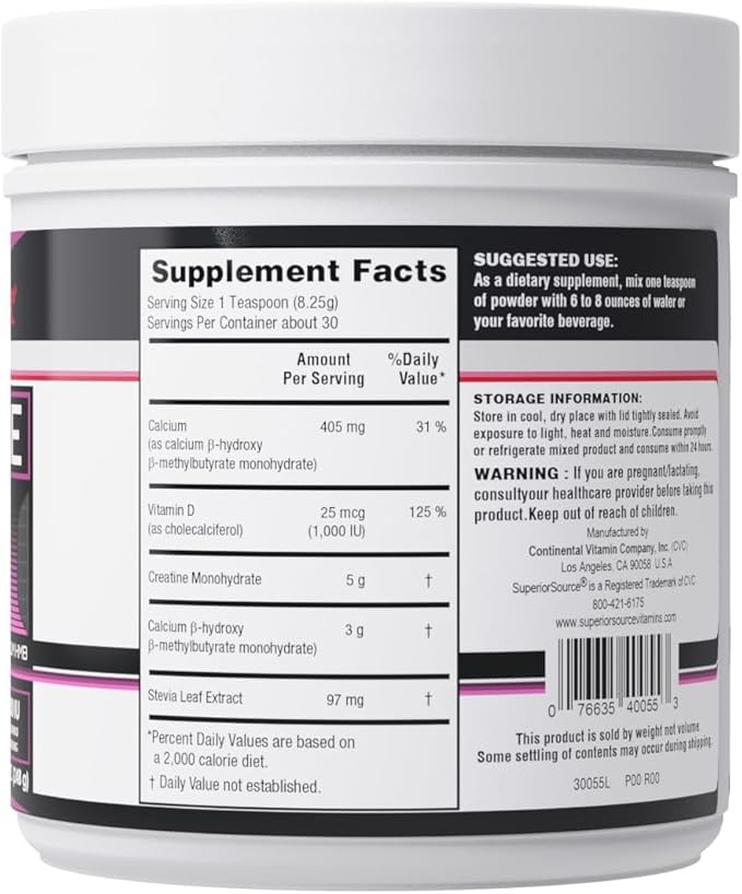 Superior Source Creatine HMB - Creatine Monohydrate for Muscle, Recovery & Exercise Support - Dye-Free - Unflavored, 8.75 oz
