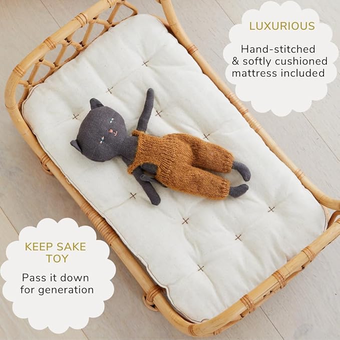 BEBE BASK Small Premium Rattan Baby Doll Bed 17 x 10 x 7,5 in –Handcrafted & Award-Winning - Perfect First Wooden Doll Bed - Luxe Mattress (Small)