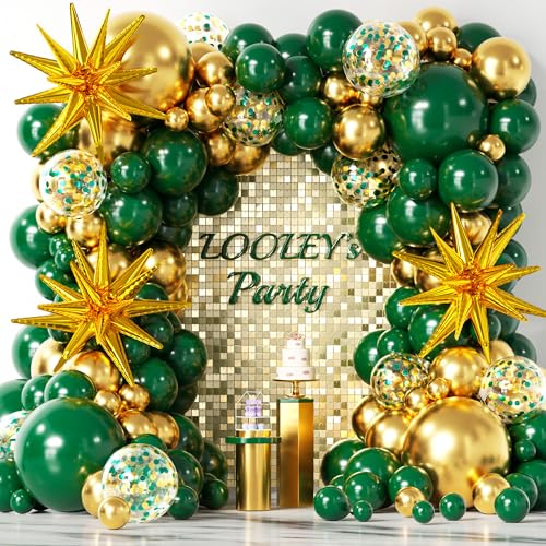 137Pcs Green and Gold Balloons Garland Arch Kit with Stars - 5 10 12 18 inch Dark Green Gold Confetti Latex Balloons for B...