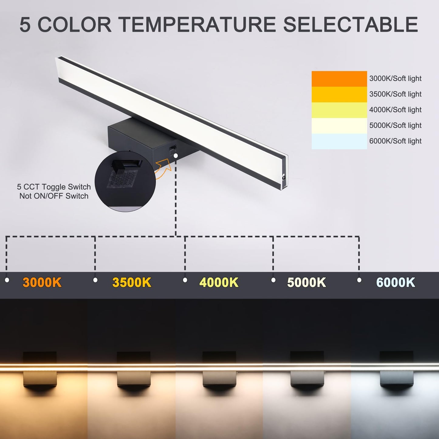 BRIVOLART LED Bathroom Vanity Light Dimmable 5CCT, 15.7 Inch, Black, Acrylic, Model 6420-5CCT
