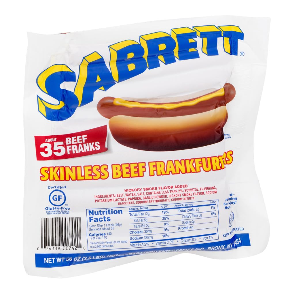 Sabrett All-Skinless Beef Frankfurters - 35 Franks, 3.5 LB, XL Size, Premium Quality