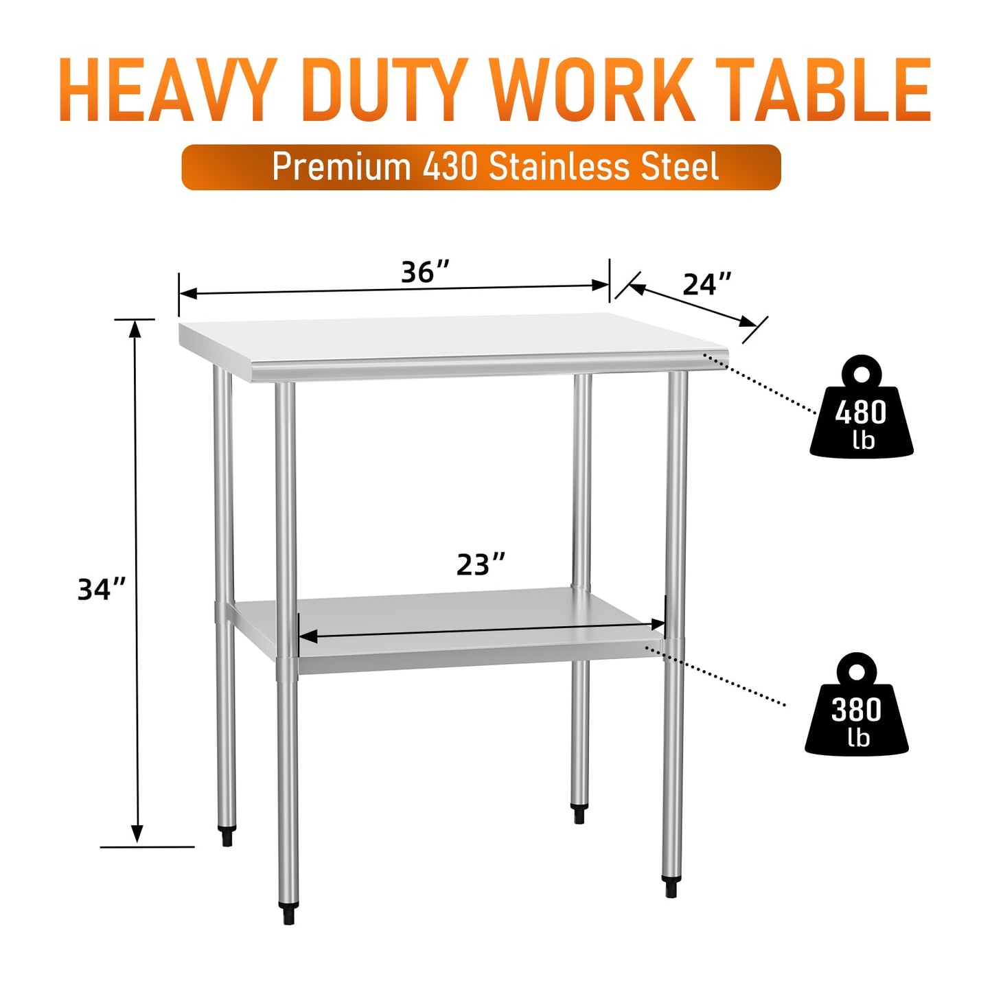HOCCOT Stainless Steel Table for Food Prep & Work 24 x 30 inches Utility Table with Adjustable Undershelf, Commercial Workstation in Kitchen, Garage, Laundry, Outdoor BBQ