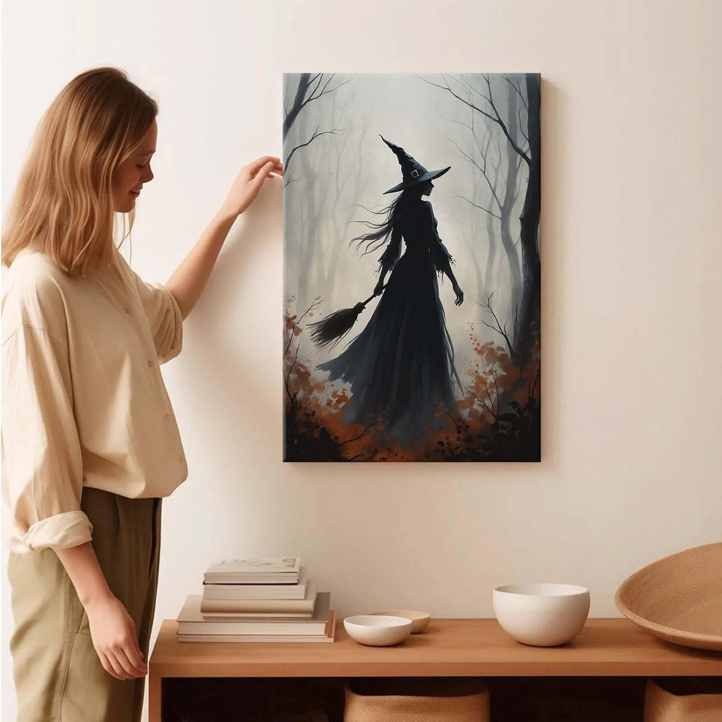 Vintage forest witch silhouette poster Halloween mural poster decoration mural art magic suitable for home living room bedroom8x12in Wood Framed
