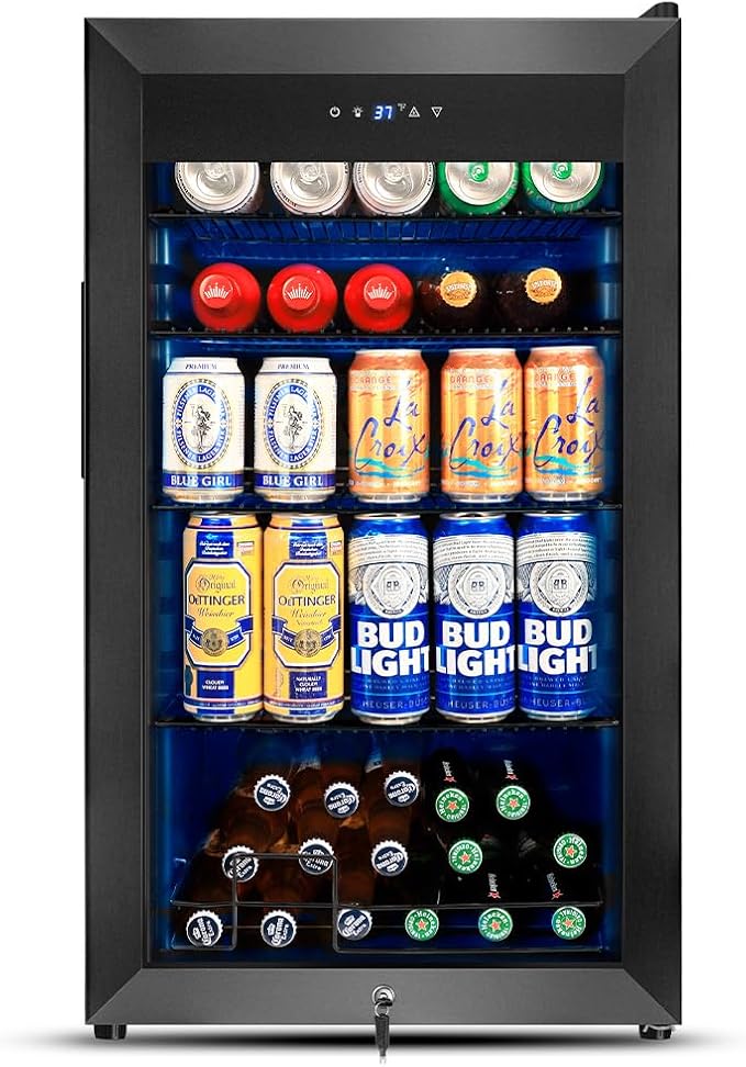 Tylza 130 Cans Beverage Refrigerator Cooler, 3.22 Cu.Ft Beverage Cooler with Low-E Glass Door, Safety Lock, Beverage Fridge for Soda, Beer, Wine, Mini Fridge for Home, Office, Bar, Bedroom, Black