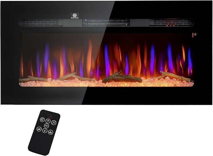 HOMCOM 40" Electric Fireplace Recessed and Wall Mounted with Remote Control, 1500W Fireplace Heater with 8H Timer, Adjustable Flame Color and Brightness, Log and Crystal