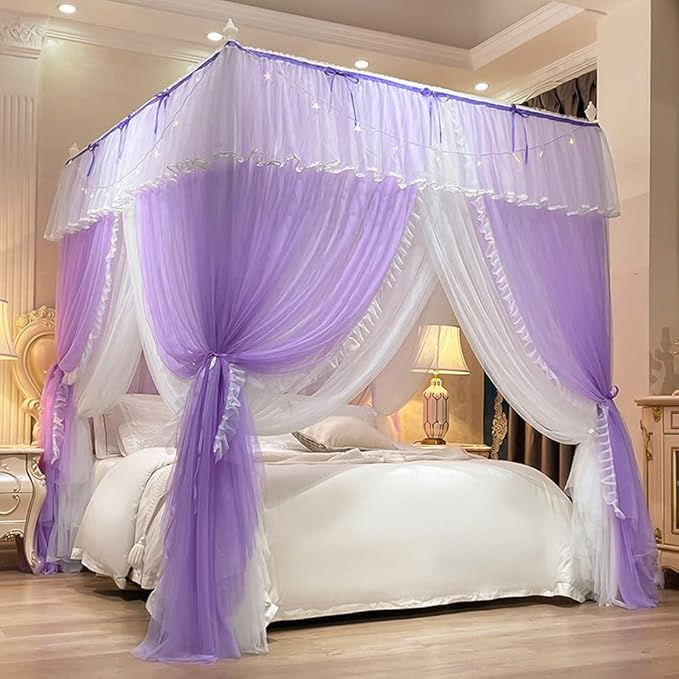 Mengersi Canopy Bed Curtains with Lights,4 Corner Bed Canopy Royal Luxurious Bed Drapes Netting,Princess Bed Curtains for Girls Adults Bedroom Decoration (Purple, Full)