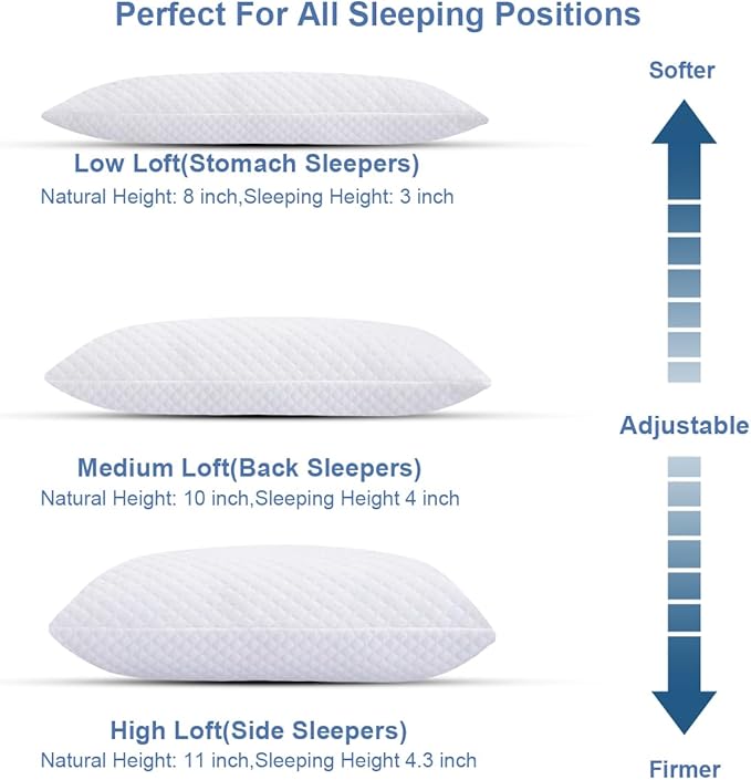Shredded Memory Foam Pillows for Sleeping 2 Pack - Cooling Bed Pillows Queen Size Set of 2 - Medium Frim Gel Pillows for Side & Back Sleeper with Washable Removable Cover
