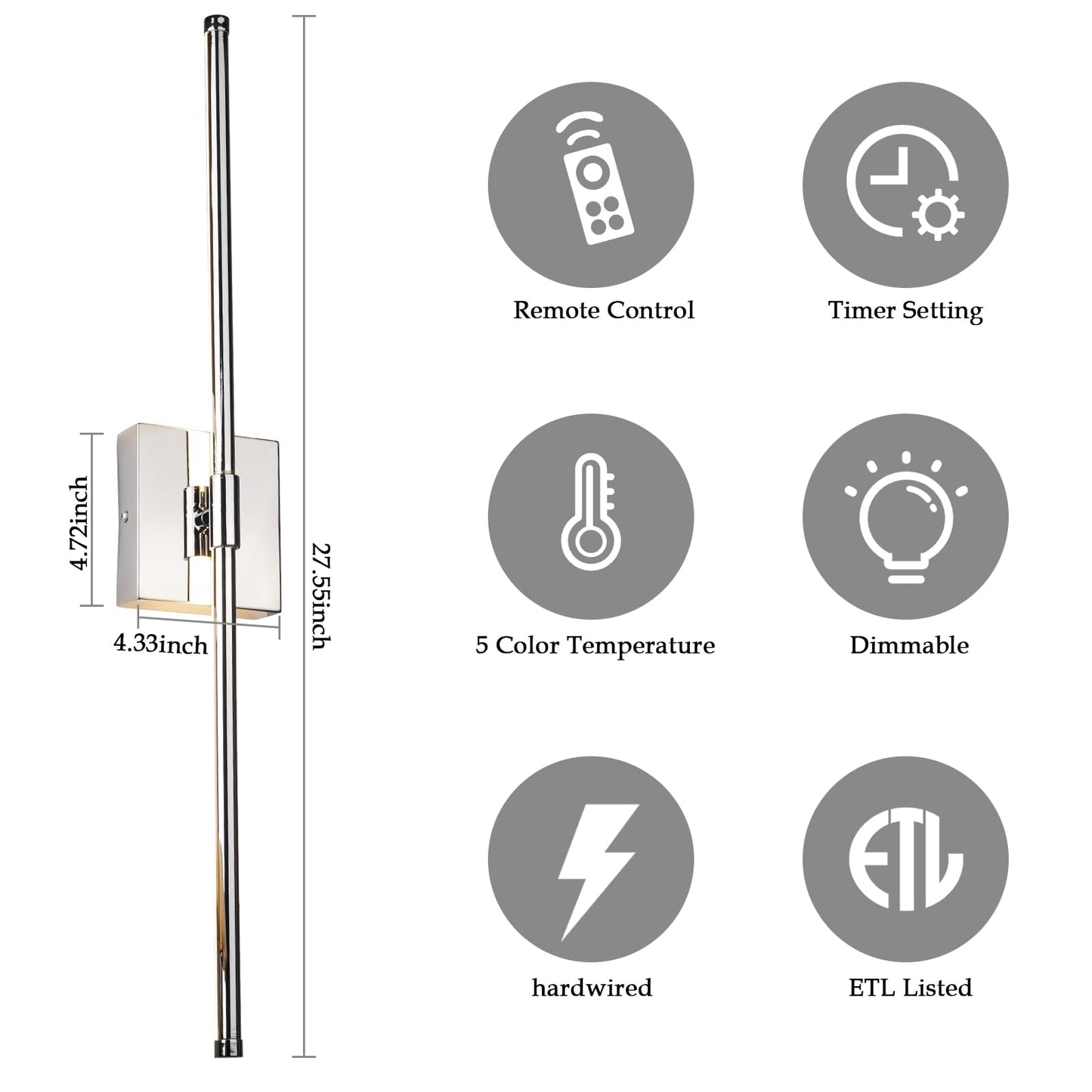 Goosebrite LED Wall Sconces Set of 2, Dimmable, Remote Control, Chrome, Iron
