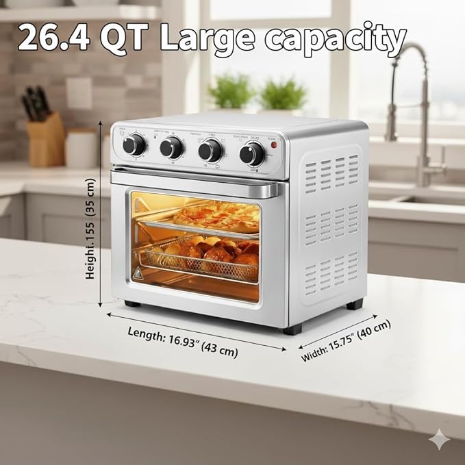 HealSmart 4-in-1 Air Fryer Toaster Oven Combo, 26.4QT Large Capacity Countertop Convection Oven Includes Baking Pan & Fry Basket, Stainless Steel