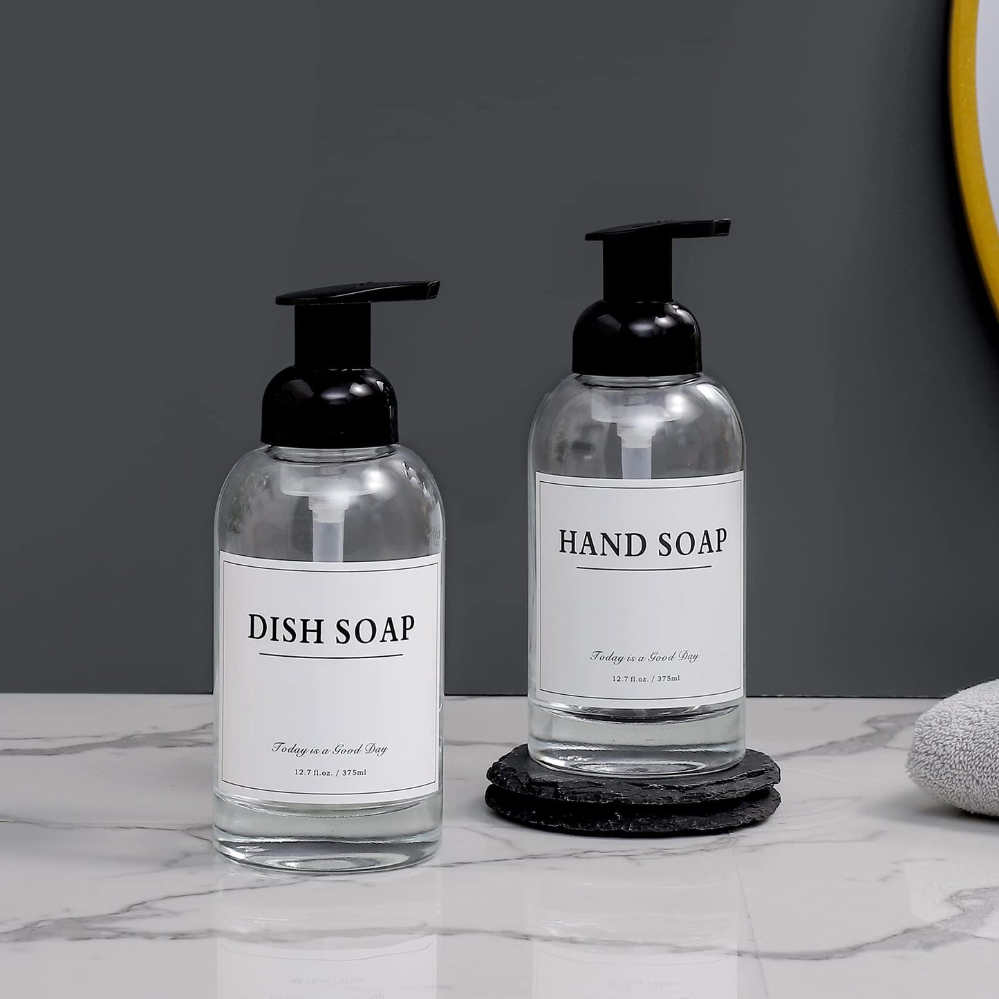 rejomiik Foaming Soap Dispenser Thick Glass Foam for Bathroom or Kitchen Sink, 12.7 oz Clear Pump Bottles for Hand soap, Body Wash, Black 2 Pack