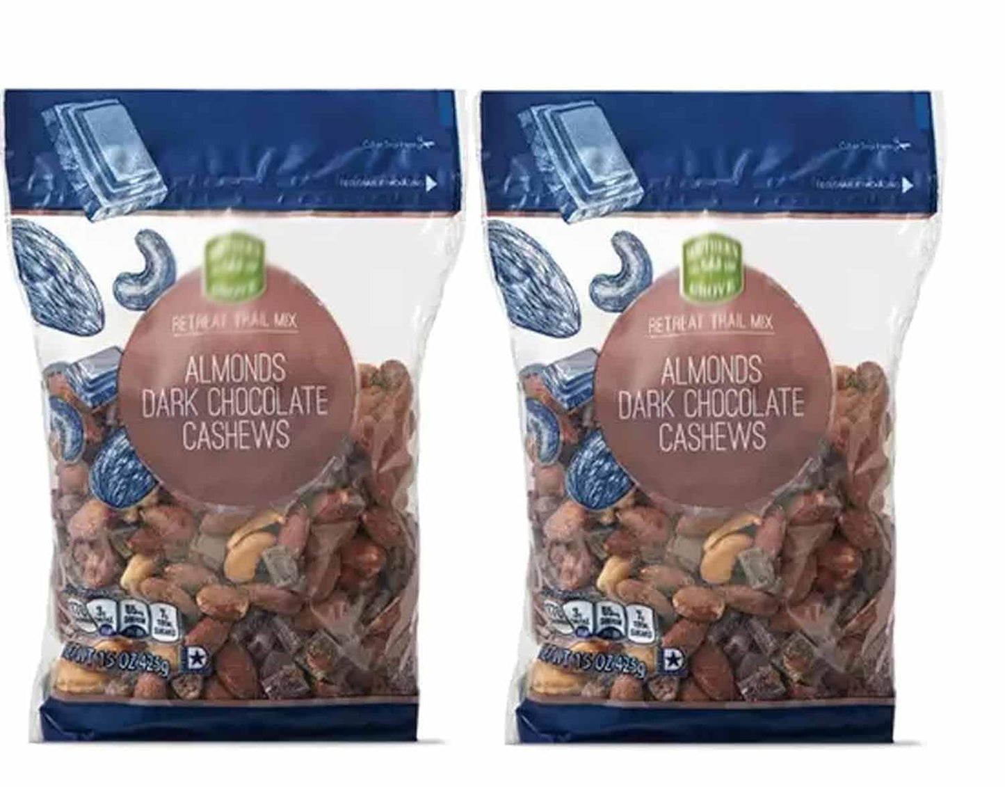 Southern Grove Retreat Trail Mix With Almonds Dark Chocolate and Cashews (2 Bags 15oz Pack) Snack Snacking Hiking Travel Food