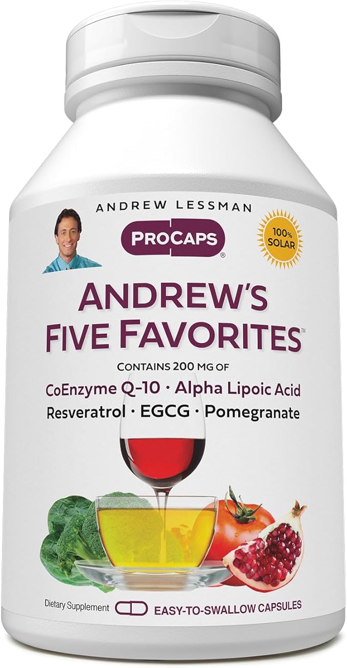 ANDREW LESSMAN Andrew's Five Favorites 30 Capsules - Provides 200mg Each of Coenzyme Q-10, Resveratrol, EGCG, Pomegranate and Alpha Lipoic Acid, Powerful Anti-Oxidant Support, No Additives