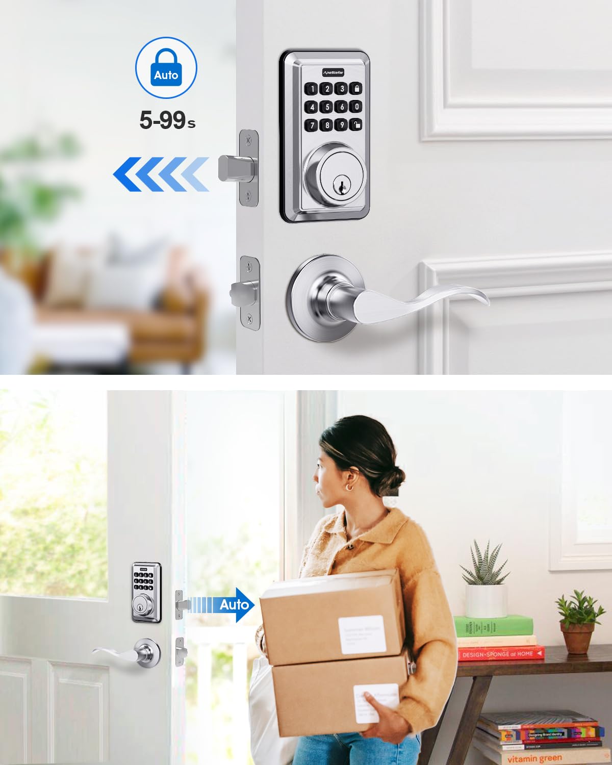Keyless Entry Door Lock with 2 Lever Handles - Electronic Keypad Deadbolt - Front Door Lock Handle Sets - Auto Lock,Anti-Peeking Password, Easy Installation - Satin Nickel