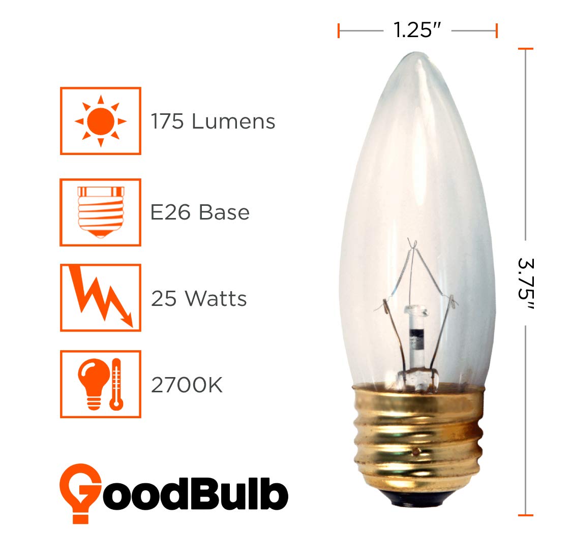 GoodBulb 25-Watt Incandescent Torpedo Light Bulbs, Dimmable, 2700K Warm White, Clear, Pack of 12