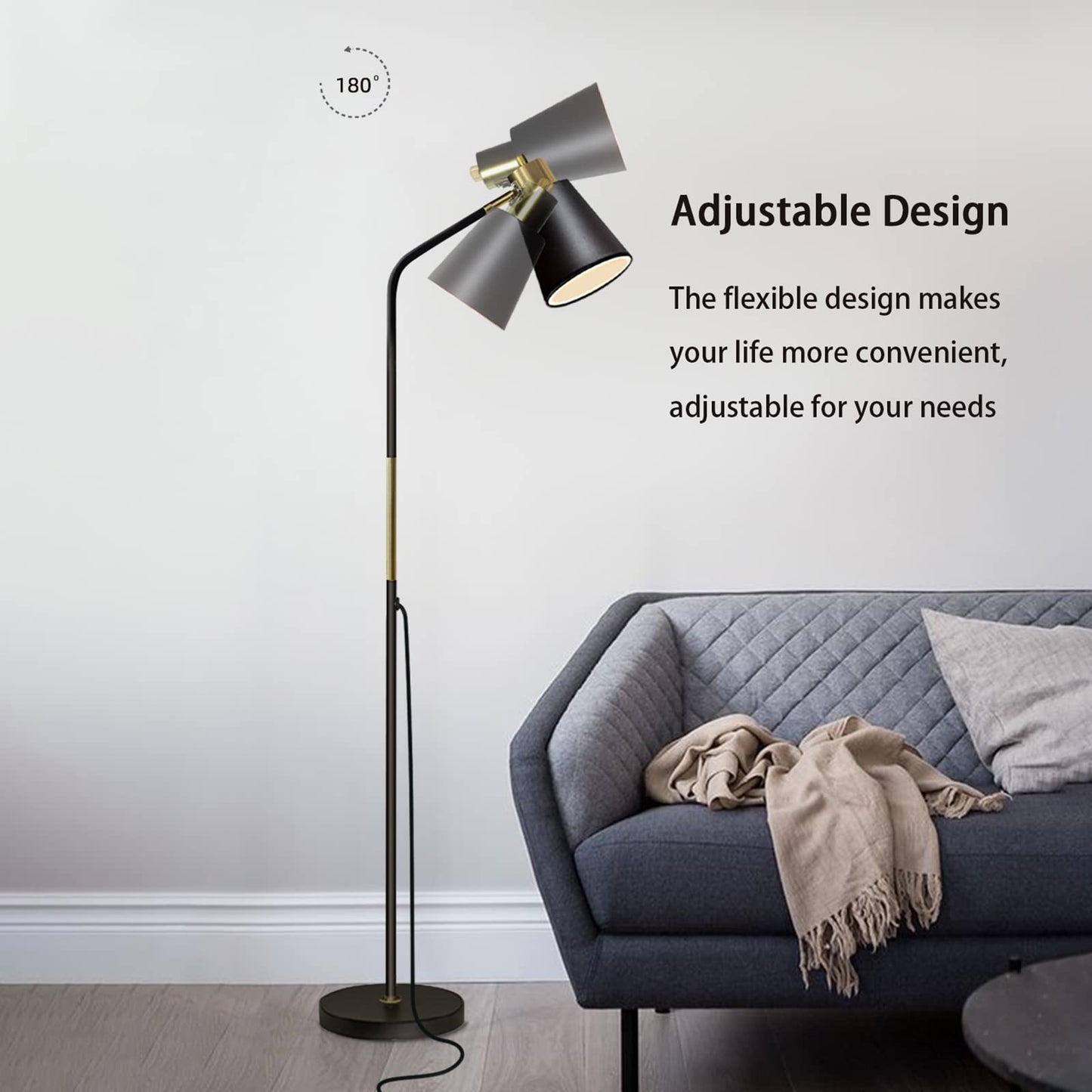 Lalisu Industrial Floor Lamp - Adjustable Metal Heads, Rustic Black Reading Light For Living Room, Bedroom & Office Décor
