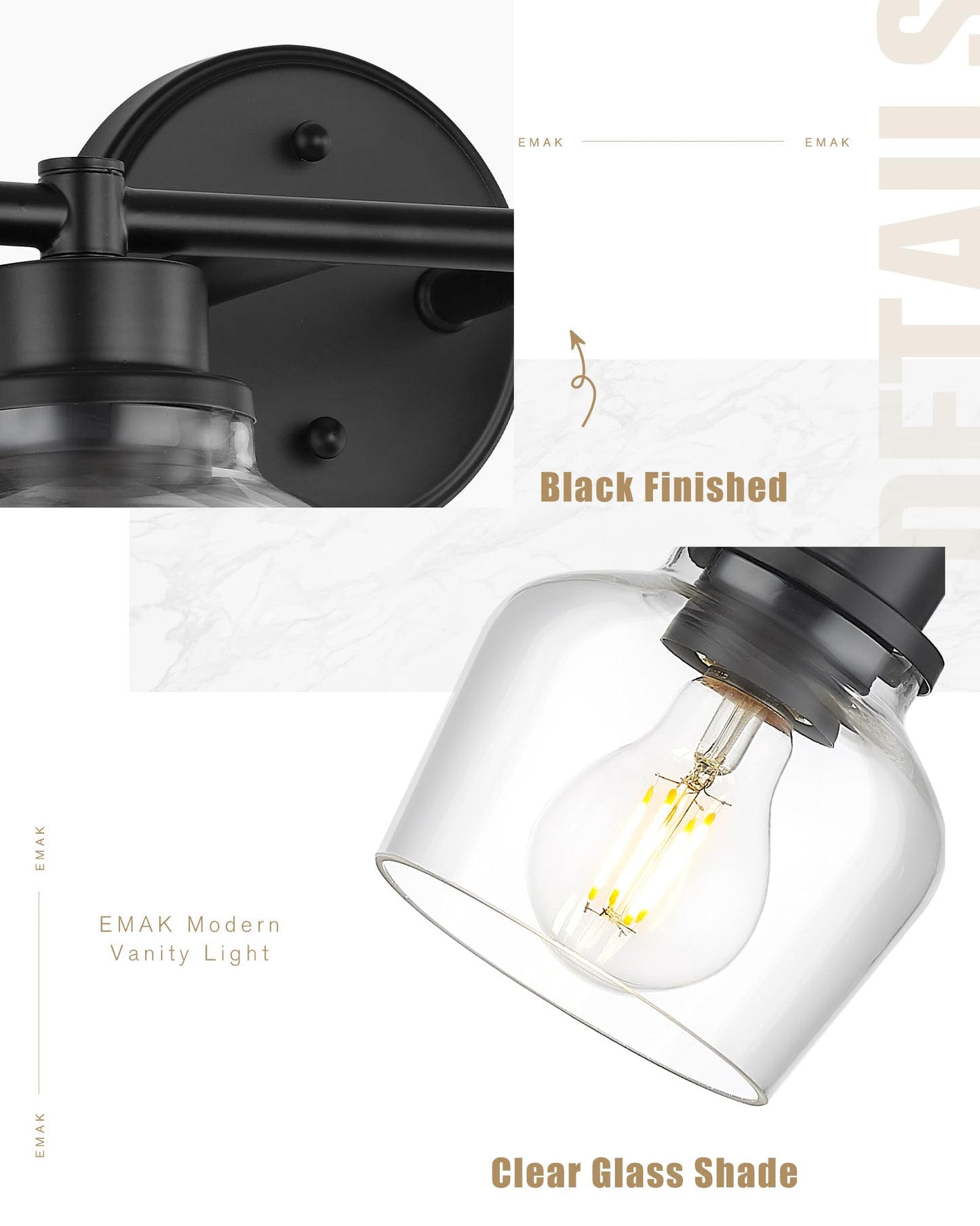Emak 4-Light Bathroom Vanity Light, 29 Inch Black Bathroom Light Fixtures Over Mirror with Clear Glass Shade, Modern Farmhouse Vanity Lights for Mirror, Bath, VL122-BK-CG-4