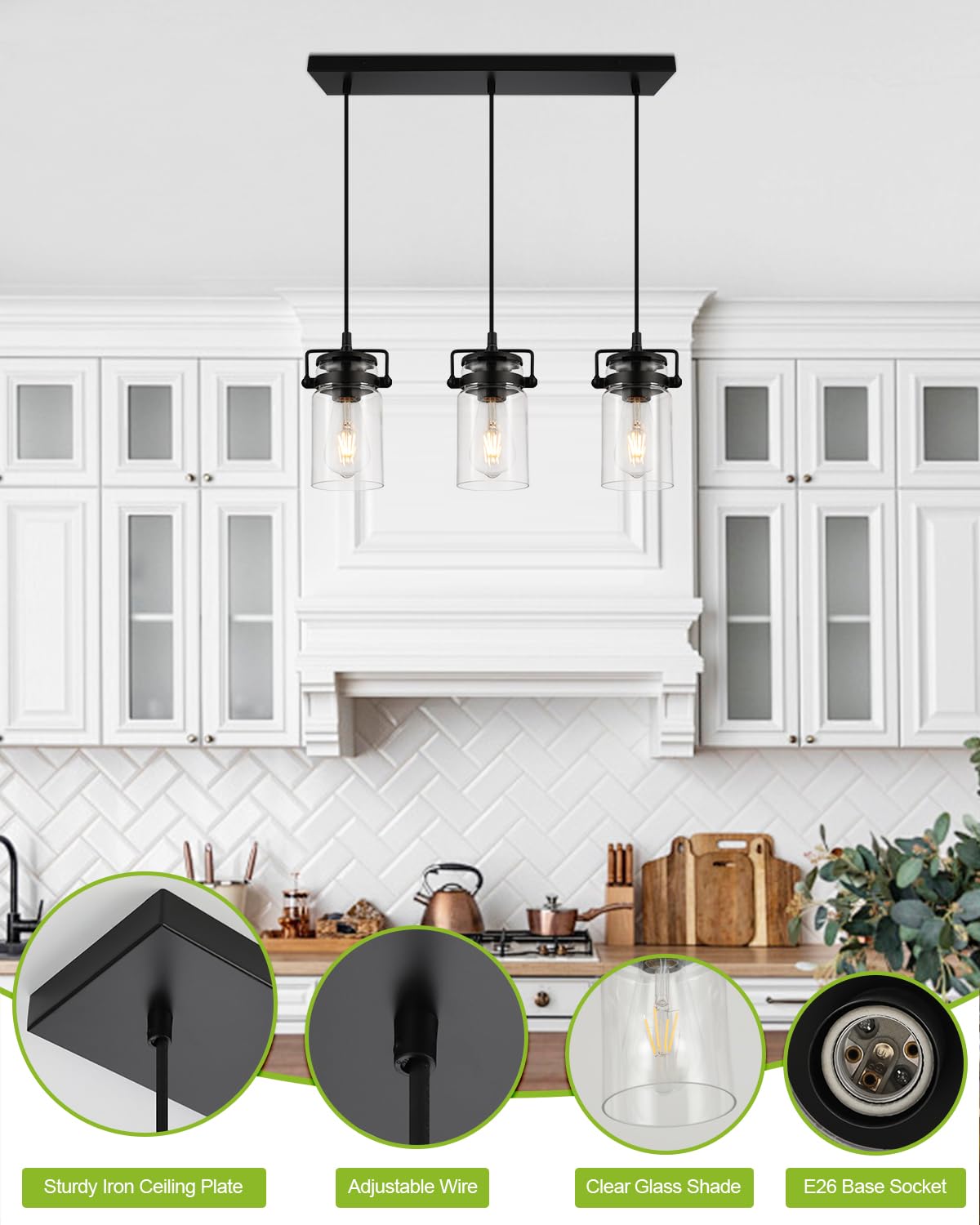 Pendant Lighting For Kitchen Island  Modern Glass Pendant Light Linear Chandelier For Dining Room Industrial Hanging  3 Light Fixture Adjustable Cord Farmhouse Ceiling Light Black Finish
