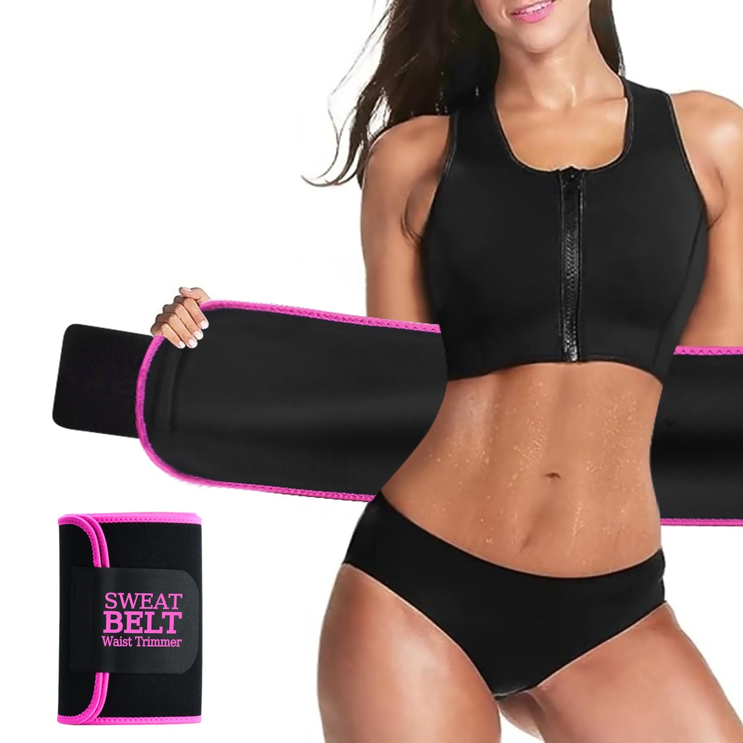 AMZBOSS Waist Trainer for Women Lower Belly Fat, Waist Sweat Band for Women, Belly Band Sweat Belt, Stomach Wrap, Body Shaper, Great Gym Accessories for Sauna, Working Out, Fitness, Large Black/Pink