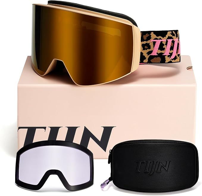 TIJN Ski Snowboard Goggles, Anti-Fog UV400 OTG Snow Goggles for Women Men with 2 Magnetic Interchangeable Lenses, Ouroboros